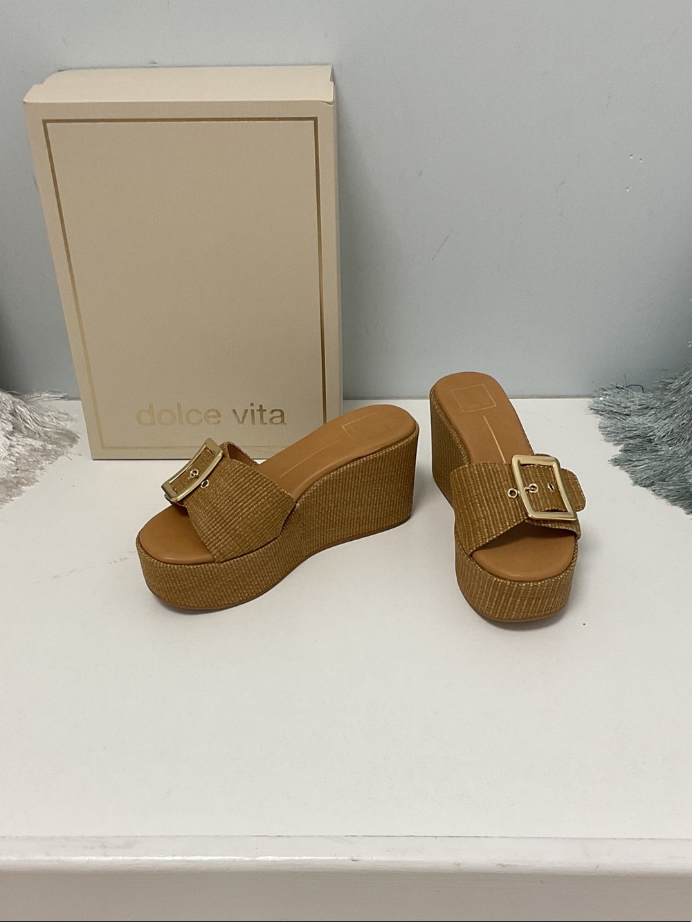 Dolce Vita Jillian Tan Woven Platform Wedge Slides with Gold Buckle